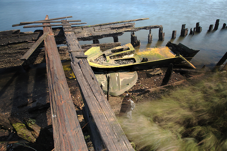 Yellowing remains of a small vessel permanently docked in Dubos Point.